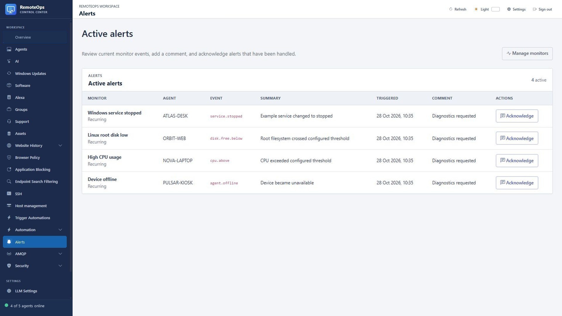 Active alerts and acknowledgement