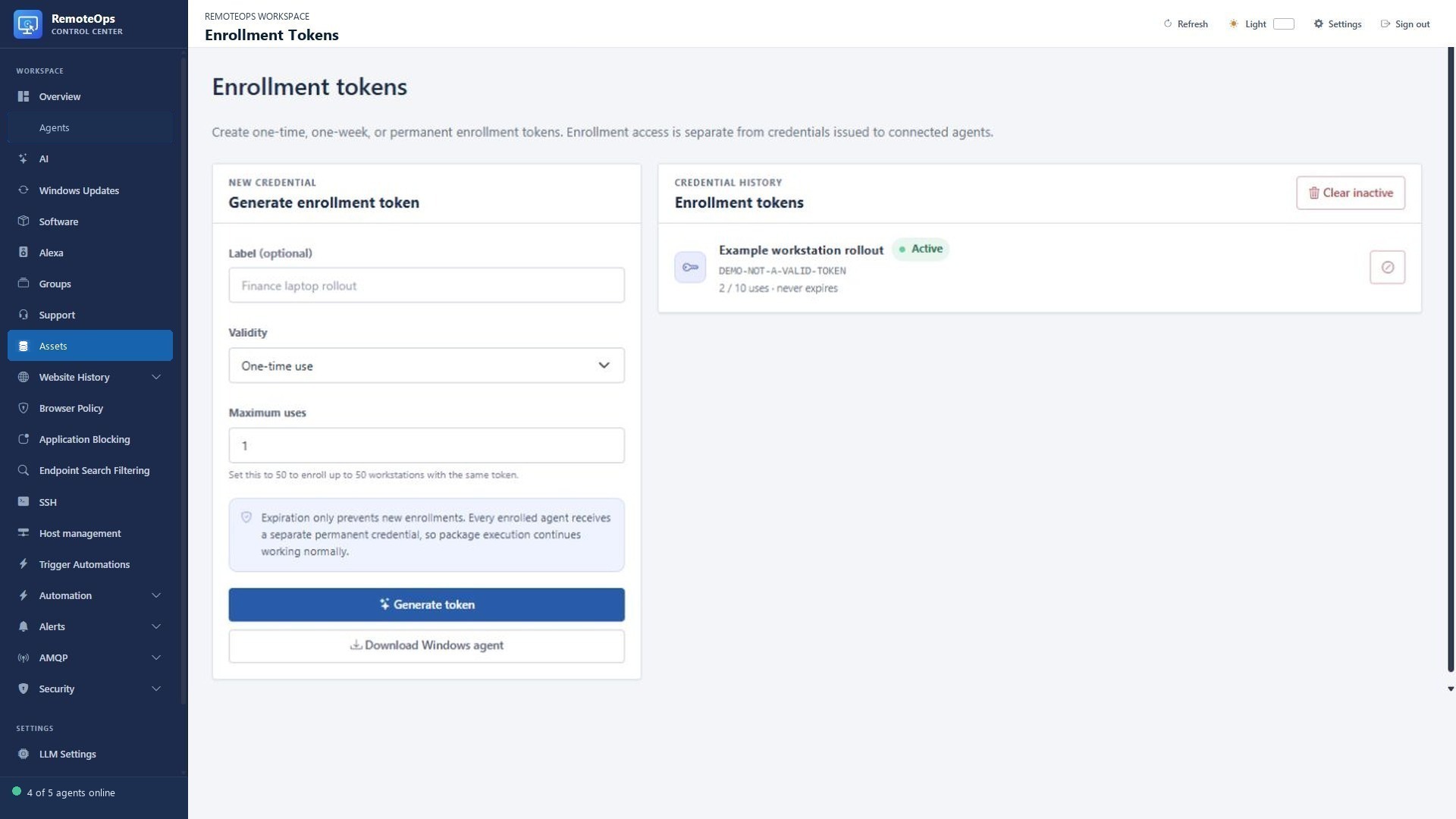 Enrollment tokens and agent download