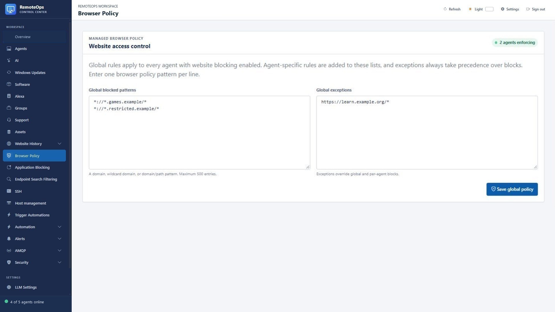 Website blocking rules and exceptions