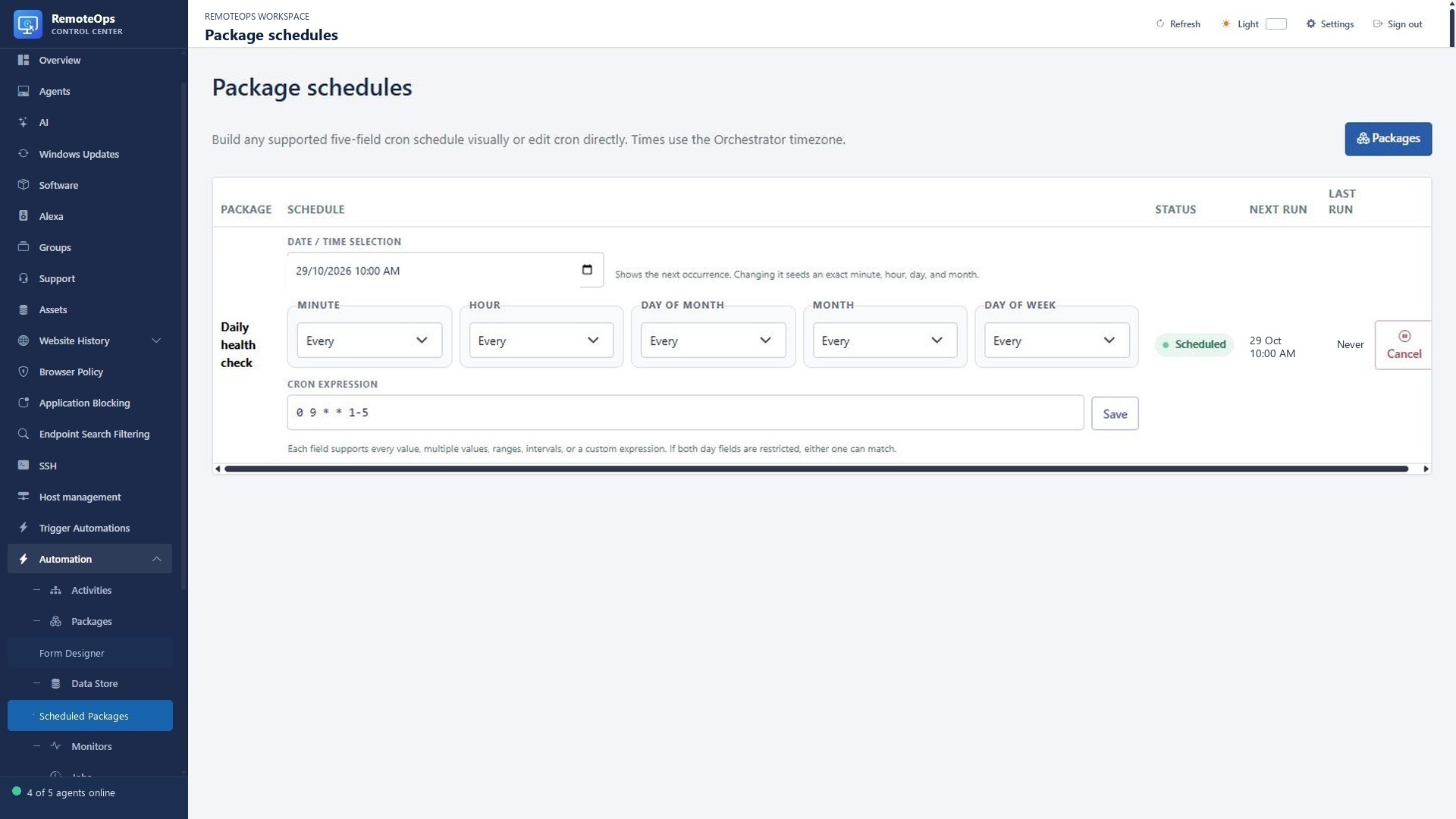 Visual package scheduling