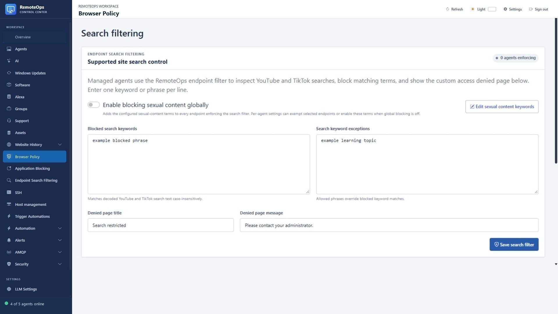 Search filtering policy
